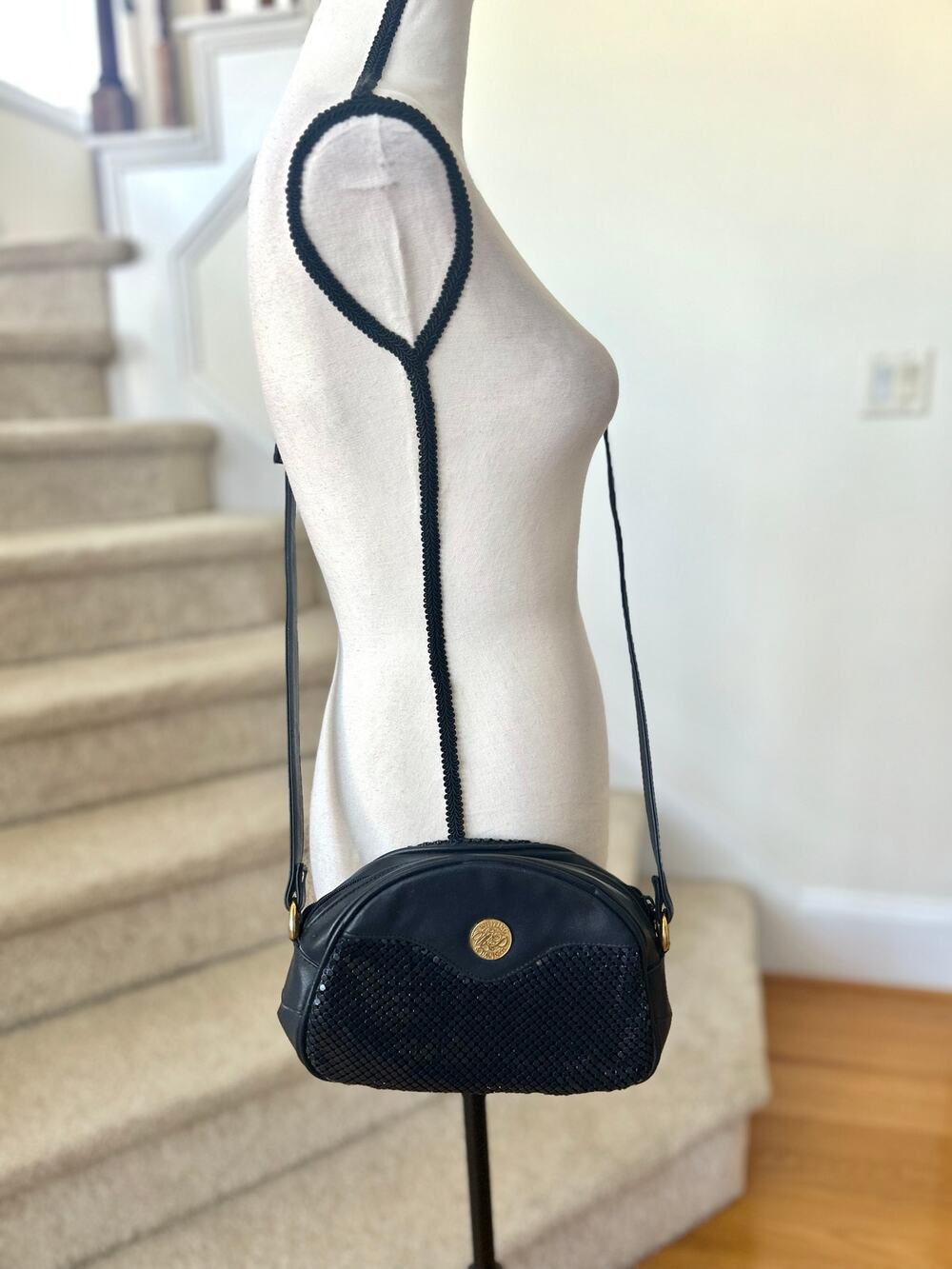 Whiting & Davis Navy Chain Mail & Leather Crossbody Bag